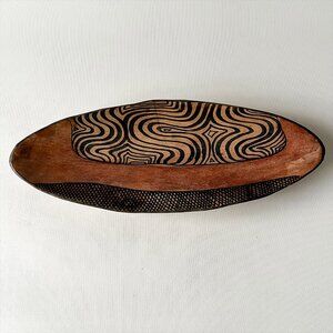 African Wooden Hand Carved & Painted Oval Bowl Signed "Vic' Falls"